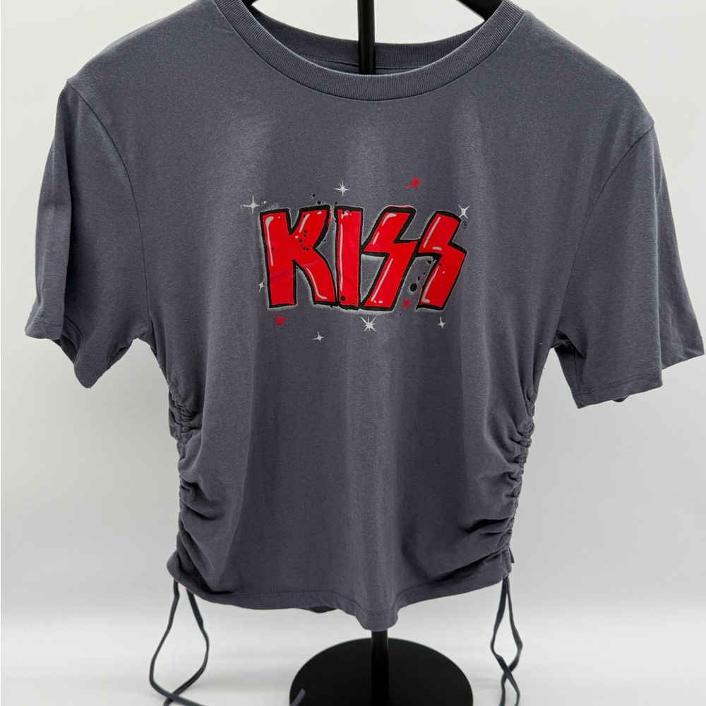 KISS Ruched Side Graphic Tee Women's XL Gray Y2K Cropped Band Shirt